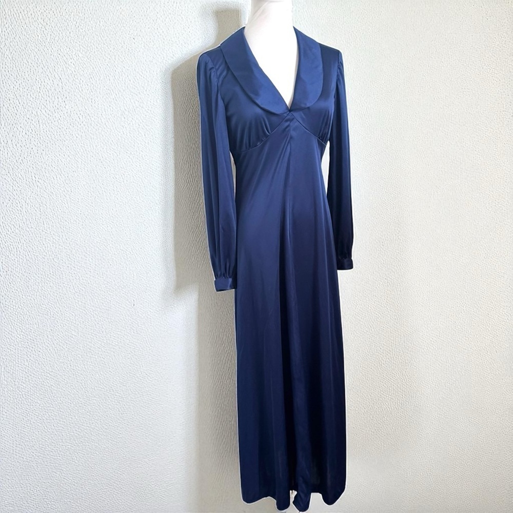 Vintage Navy Satin Maxi Nightgown Dress Long Sleeve Elegant Loungewear Slip M